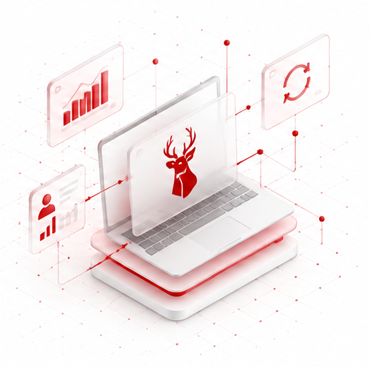 Ilustração: laptop com o cervo Red Deer conectado a gráficos, sincronização e perfil de desempenho