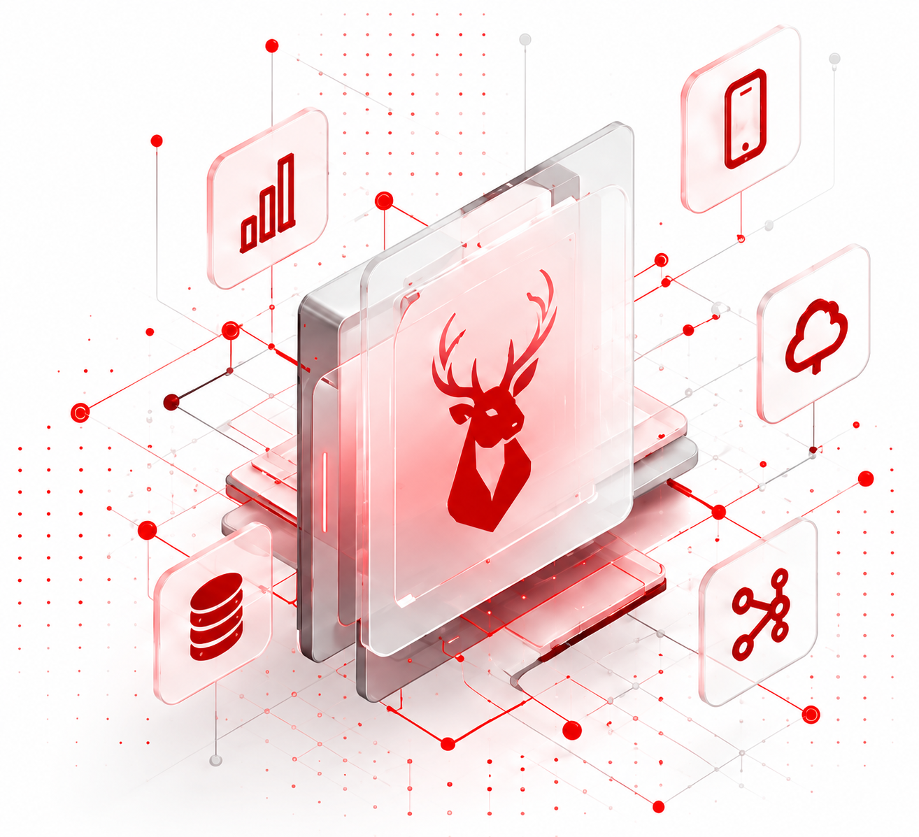 Ilustração isométrica: cervo Red Deer conectado a dashboards, aplicativos, nuvem, dados e integrações